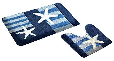 GOODWAY 2 Teiliges Badematten Set, Badteppich, Badvorleger Bremen, blau mit Ausschnitt │Mikrofaser super weich, rutschhemmend, waschmaschinenfest