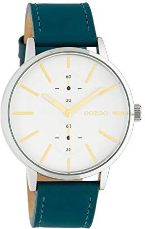 Oozoo Unisex Armbanduhr Chrono Look mit Lederband 42 MM Silberfarben/Blaugrün C10587