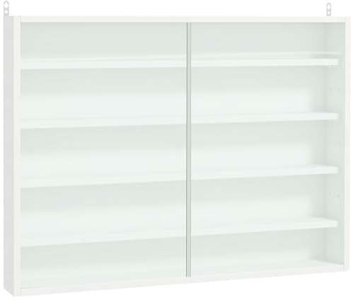 HOMCOM Vetrina Espositiva da Parete a 4 Ripiani Regolabili, Vetrinetta per Collezionismo, Bacheca Espositore a Muro per Oggetti da Collezione, in Vetro e Truciolato, 80x9.5x60 cm, Bianco