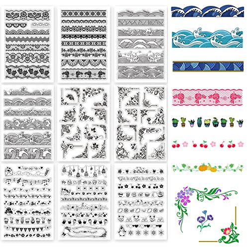GLOBLELAND 9Pcs Lace Clear Stamps Waves Silicone Stamp Seal Transparent Silicone Stamps for Card Making Journal Decoration and DIY Scrapbooking