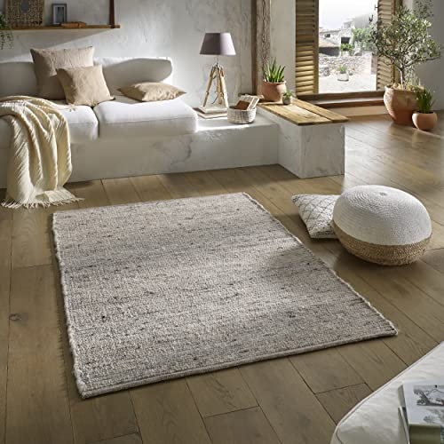 TacaHome Wollteppich Natur Handweb Teppich I Reine Schur-Wolle im Skandinavischen Design I Wohnzimmer Schlafzimmer Esszimmer Kinderzimer Büro | 70 x 130 cm Grau Meliert
