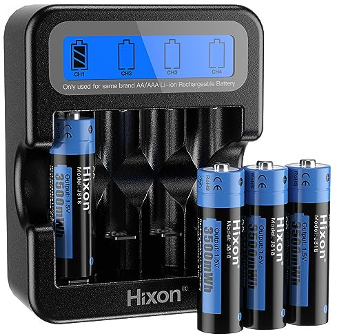 Hixon Rechargeable AA Batteries with LCD Charger, 2300mAh 1.4V, 1500Cycles, 5V 2A Fast Charging, 4-Slot Charger, 4 Pack AA Batteries