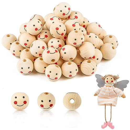 Holzperlen mit Gesicht 60 Stück, 20mm Holzperle Lächeln Gesicht Engel, Holzperlen Rund Holzkugeln mit Loch Natur für DIY Schmuck zubehör Decor