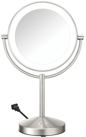 Conair Lighted Makeup Mirror, Double-Sided LED Vanity Mirror with 1X/10X Magnification, 3 Light Settings, 3 Modes, 360° Rotation, Satin Nickel Finish