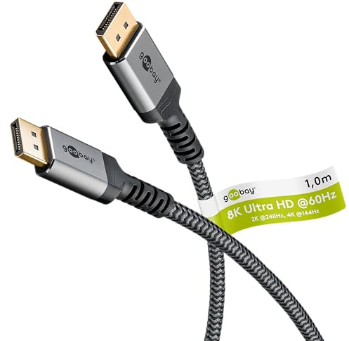 goobay 65264 Displayport Kabel 1.4 / Auflösung bis 8K@60Hz (UHD) / 32,4 Gbit/s für Reduzierung von Übertragungsfehlern/Gaming & Video Streaming/Vergoldete Stecker beugen Korrosion vor/Grau / 1m