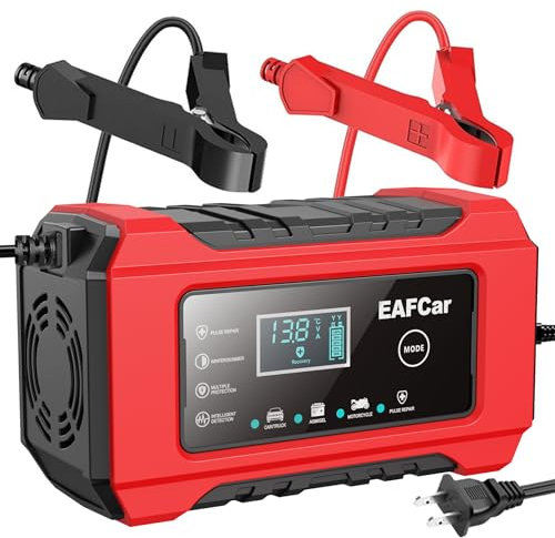 EAFCar - 12V 6A car battery charger, charger and maintainer, fully automatic intelligent battery charger with temperature compensation for charging and maintenance