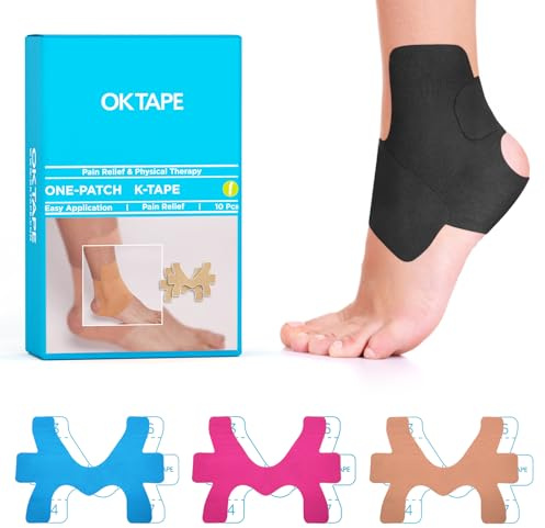 OK TAPE Parches de estructura única precortados para tobillo Banda de Kinesiología Alivio del Dolor y Accesorios de Apoyo (10 unidades, Negro)