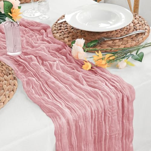 Sevenpers Cheesecloth Table Runner Pink, 35x120 Rustic Gauze Fabric Spring Pink Boho Table Runner for Easter, Wedding Bridal Baby Shower Festive Table Decorations and Large Parties 90x300 cm