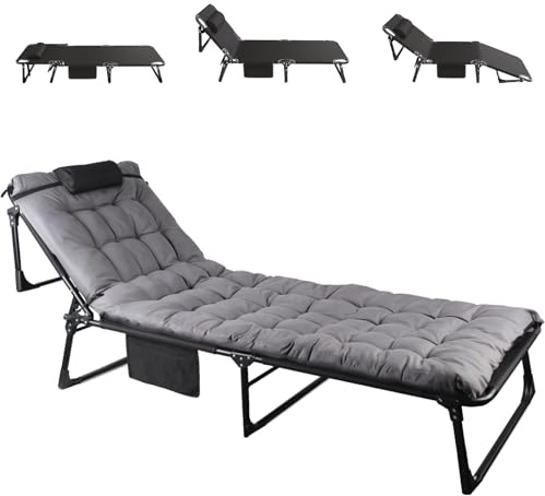 Adjustable Folding Camping Cot with Mattress, 1200D Reclining Lounge Chair