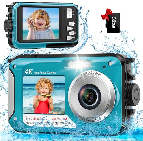 YISENCE Unterwasserkamera, UHD 4K 56MP Autofocus Digitalkamera wasserdichte mit Einer 32GB Karte Selfie Doppelte Bildschirme wasserdichte Kamera zum Schnorcheln