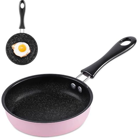 Joalpysm Small Frying Pan 12 cm Medical Stone Non-Stick Frying Pan with Heat-Resistant Handle Portable Camping Cooking Omelette Pans for Gas Stove Induction Hob Electric Furnace (Pink)