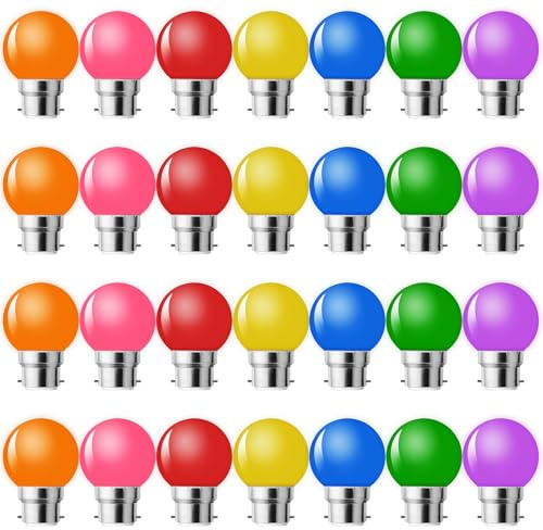 MZYOYO – Lote de 28 bombillas LED color B22 bayoneta, bombilla guirnalda exterior, bombillas B22 LED de 2 W, G45, equivalente de 10 W, rojo, amarillo, azul, verde, naranja, rosa, morado, para cadena