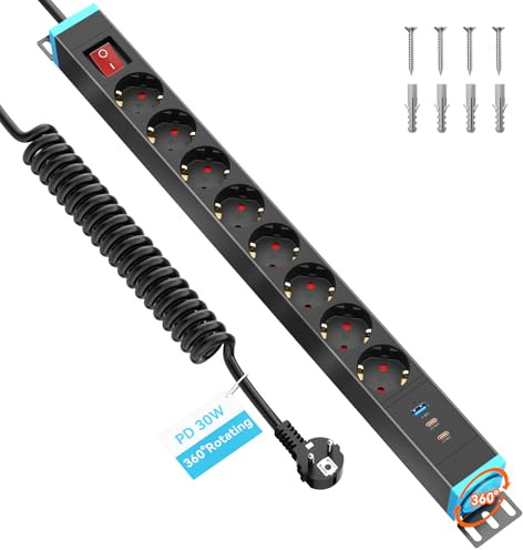 Sewingvr 8-Fach Steckdosenleiste mit Überspannungsschutz & USB-C PD 30W, 360° drehbare Mehrfachsteckdose zur Wandmontage, 1,5 m Spiralkabel, 16A/4000W, Schwarz