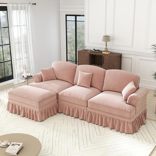 Ligterra L Sofa mit Schlaffunktion, Modulares 3 Sitzer Sofa, Ecksofa mit 1 Ottomane, Trichter-Armlehnen, Abnehmbarer Rüschenschürze & Beweglichem Hocker, Chennille-Stoff, 272×140×93cm (Rosa)