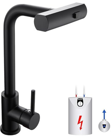 Zynuhmo Rubinetto da cucina a bassa pressione, estraibile, in acciaio inox, nero con 3 connessioni per caldaia/sottotavolo, girevole a 360°, miscelatore da cucina con 3 modalità