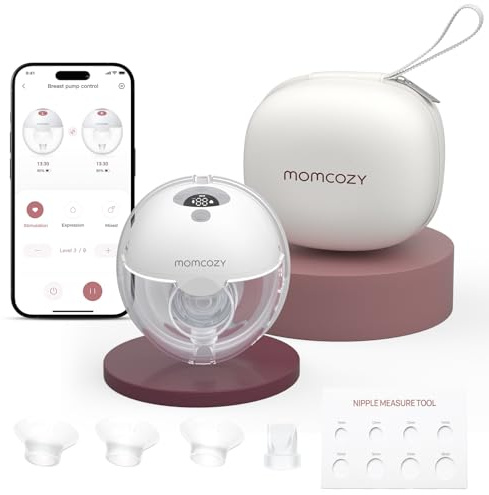 Momcozy M5 Smart – Sladdfri, Handsfree Elektrisk Bröstpump, App-styrd, 3 Lägen & 9 Sugnivåer, 24 mm Flaska (Grå, 1 Styck)