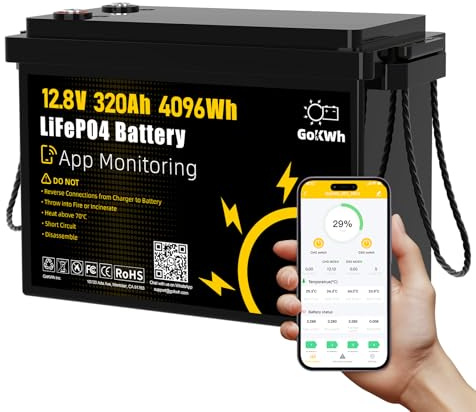 GoKwh 12V 320AH ​LiFePO4 Lithium Battery with Bluetooth App, Low Temp Protection, 4096WH, 200A BMS Up to 8000 Deep Cycle for Off-Grid, RV, Trolling Motor, Solar Power System, HomeBackup