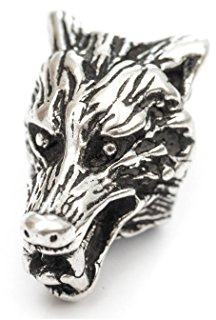 Battle-Merchant Perla para barba con cabeza de lobo de plata, perla vikinga, rastas, diámetro interior de 5 mm