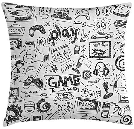 ABAKUHAUS Videojuegos Funda para Almohadón, Boceto Estilo de Juego, Decorativo, Estampado en Ambos Lados, 50 x 50 cm, Gris Blanco