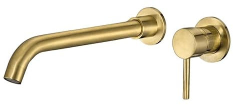 VALAZ Robinet Salle Bain Mural | Mitigeur Lavabo, Mélangeur Eau Froide et Chaude, Pas de Fuites, Installation Facile | Laiton, Inoxydable, Doré Brossé Protection PVD, Rond, Bec 26 cm, Série Guadiana