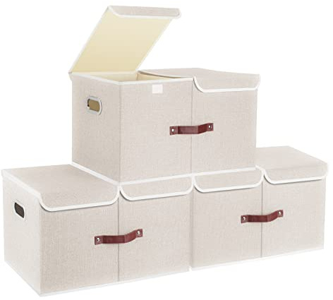 TYEERS Extra Large Storage Box with Lids and Compartments, Collapsible, Washable, Fabric Box with Lid for Clothes, Wardrobe Storage, 55x33x30 cm, Set of 3, Beige