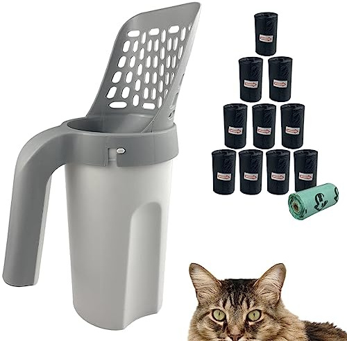 Esamploe Cat Litter Scooper with Trash Container,Portable Litter Scoop Holder,Litter Scoop with Holder Provides 215 Garbage Bags,Scoop Litter Disposal System In One