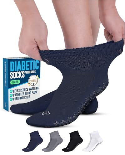 Doctor's Select Diabetic Socks with Grips for Women and Men - 4 Pair | Ankle Non Slip Socks for Elderly with Grippers | Black, White, Navy, Gray