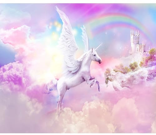 murando - Vlies Fototapete für Kinder 350x256 cm Vlies Tapeten Wandtapete XXL Moderne Wanddeko Design Wand Dekoration Büro Einhorn Unicorn Regenbogen rosa wie gemalt a-A-10322-a-a