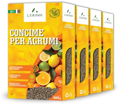 LERAVA Engrais Bio Agrumes (4x800g) - Nutrition Naturelle pour Citronnier en Pot - Croissance Vigoureuse et Saveur Intense - Avec Bouchon Distributeur - 100% Made in Italy