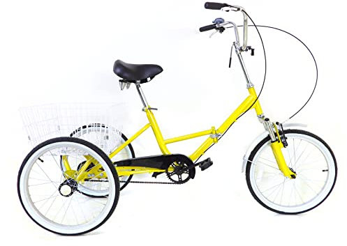 SABUIDDS 20 Zoll Klappdreirad für Erwachsene & ältere Menschen Dreirad mit Einkaufskorb 3 Räder Fahrrad City Tricycle für Städte, Strände, Fahrradwege und Verschiedene Straßen Geeignet, Gelb
