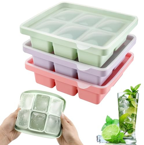 Litimkat 3 Stück Eiswürfelform, Silikon Eiswürfelbehälter Mit Deckel,Große Quadratische Eiswürfel 4.8cm,Stapelbar und Spülmaschinenfest,für Cocktails Whisky Wein Obst Fruchtpürees Eiscreme Eistee