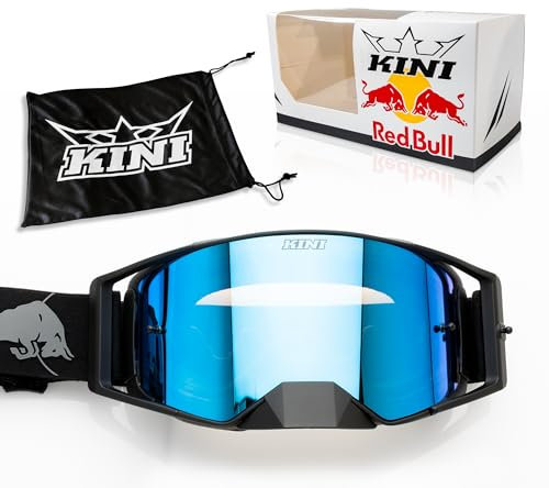 Kini Red Bull Motocross Brille für Herren und Damen - Premium Crossbrille Verspiegelt Schwarz Mit Brillentasche und Integriertem Putztuch - Für Brillenträger Geeignet - Downhill