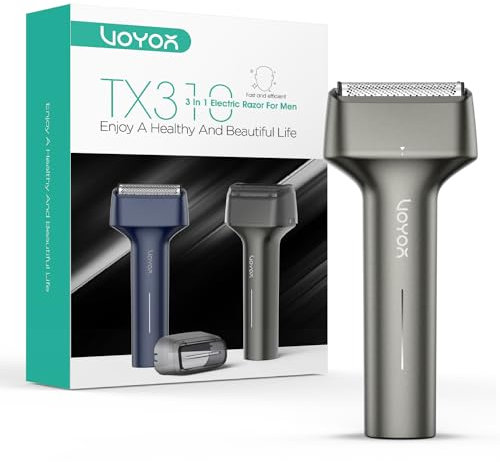 VOYOR Regolabarba Uomo Rasoio Elettrico Uomo 3 Strati di Lame Flottanti Precisione Macinazione Rasoio Elettrico IPX6 Impermeable Lega Rasoio Luce del Display di Ricarica LCD Rasoio TX310 (Grigio)
