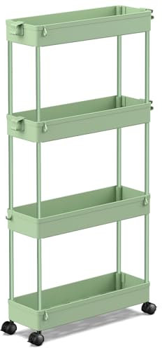 SPACEKEEPER Slim Rolling Storage Cart 4 Tier Bathroom Organizer Utility Cart Mobile Shelving Unit Tower Rack for Kitchen, Laundry Room, Bathroom, Narrow Places, Green