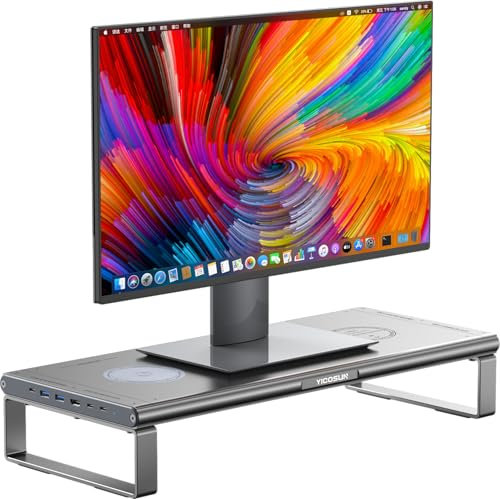 YICOSUN PRO Monitorständer mit Wireless Charging & Anschlüssen | USB-C & HDMI | Ergonomische Erhöhung aus Aluminium, Schubladen & Stauraum | Stabil & modern, für Monitore, Laptops & Drucker, Grau