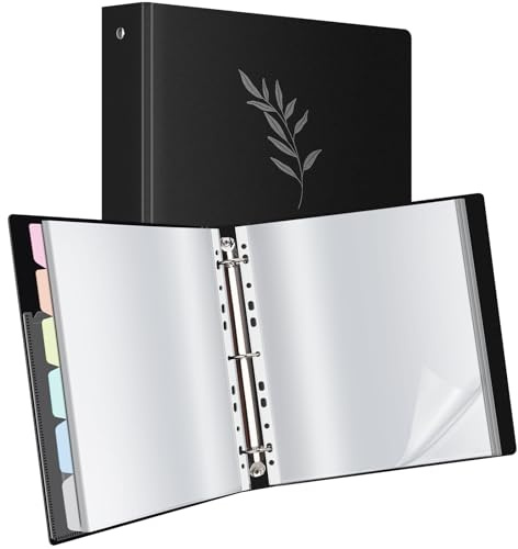Uquelic Presentation Ring Binder, A4 Display Folder with 50 Punched Pockets and 6 Divider Pages, Display File Plastic Sleeves for Documents, Certificates, Receipts, Silver Leaf Print