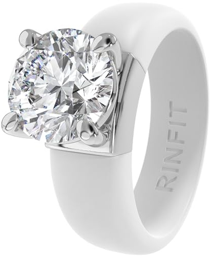 Rinfit Silicone Ring with Stone - Round Cut Cubic Zirconia Solitaire Engagement Ring for Women - Rubber Wedding Bands - White/Silver - Size 5