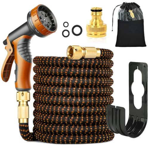 Manguera de jardín flexible 30m/100 pies con boquilla de aerosol y 3/4  y 1/2  Conexiones de latón, manguera antiarrugas para el hogar, 10 funciones para la limpieza de coche/suelo/patio/pasillo