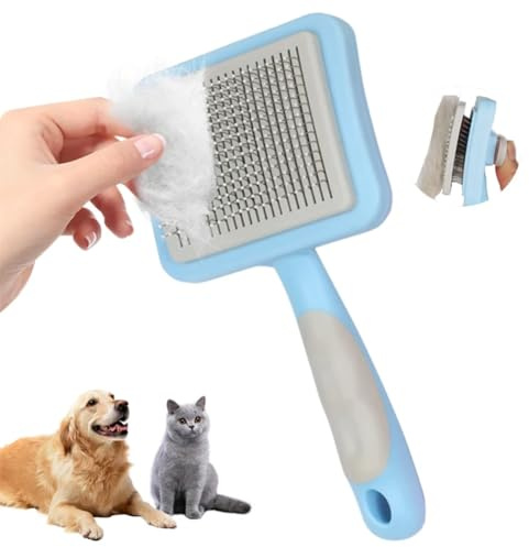 WIXOVO Cepillo para Gatos y Perros Autolimpiante, Cepillo Perro Gato de Pelo Corto y Largo, Elimina Pelo Muerto, Desenreda y Masajear, con Púas Acero, Agarre Ergonómico y Limpieza Clic, Azul