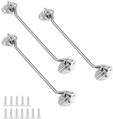 CHSEROK 3 ganchos para tormentas, 200 mm, acero inoxidable, con ojal, ganchos de bloqueo plateados, con 12 tornillos para puertas de casa, puertas de jardín, puertas de vallas, ventanas