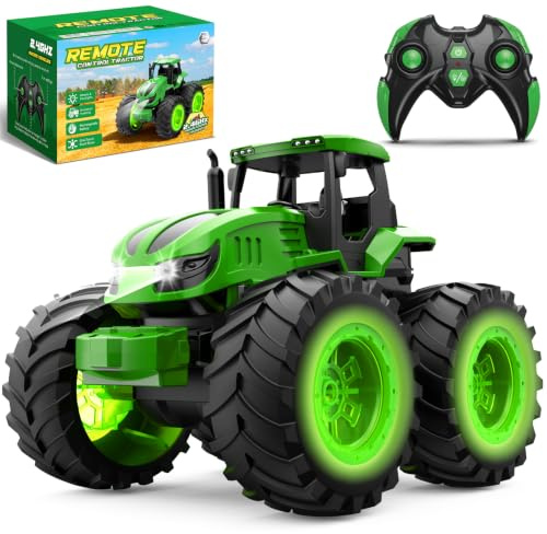 HappyGoLucky 1:18 Scale Remote Control Tractor, Kids Rc Farm Tractor-Light-Up Headlight & Wheels/USB Charging/2.4Ghz, Kids Toys Gifts for 3-8 Year Old Boys Birthday Presents