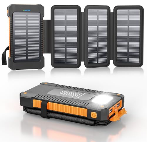 Chargeur Solaire 26800 mAh avec 4 Panneaux Solaires, Batterie Externe Solaire étanche avec Charge Rapide USB-C 18W pour Téléphones Portables, Tablettes, Ordinateurs