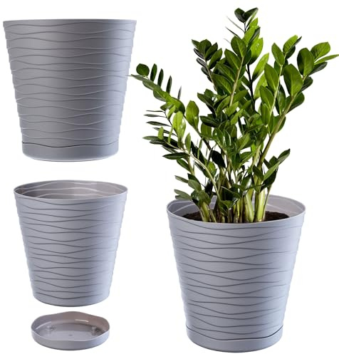 KADAX Blomkruka med underlägg, planteringskruka för inomhus, lätt blomkruka, växtkruka av plast, rund ytterkruka för blommor, växter, hus, växtkruka (19 cm, grå)
