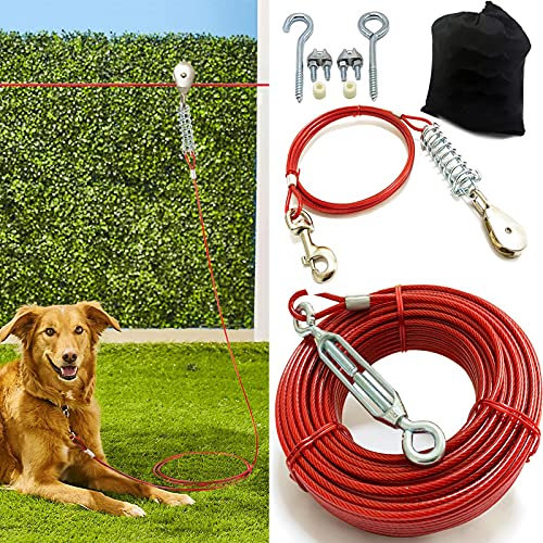 Pestairs Aerial Dog Tie out Trolley System - Cable para Perros de 100 pies con Cable de Corredor de 10 pies - Rojo - Perros pequeños, medianos y Grandes de hasta 125 Libras