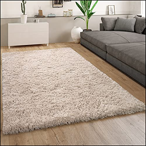 Paco Home Hochflor Teppich Wohnzimmer Flauschig Schlafzimmer Shaggy Modern Weich Einfarbiges Muster, Grösse:120x160 cm, Farbe:Beige