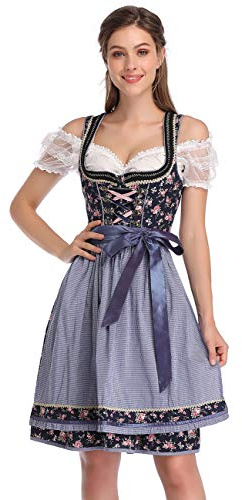 KOJOOIN Women Traditional Dirndl Oktoberfest Costume 3 Pieces Fancy Midi Skirt - Dress, Blouse, Apron