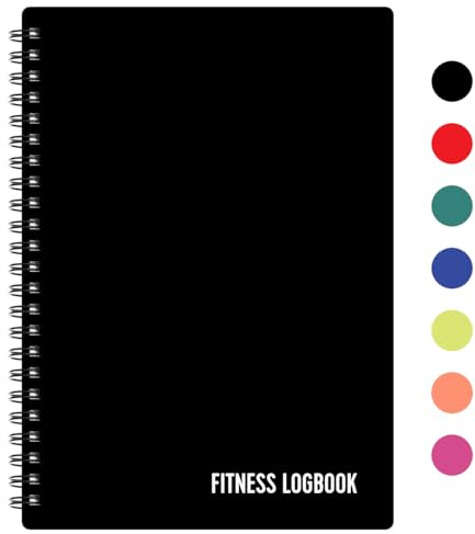 Fitness Logbook (Black) - A5 Undated Workout Journal For Men & Women - Plastic Cover & Thick Paper - Planner Log Book To Track Weight Loss, Muscle Gain, Gym Exercise, Bodybuilding Progress