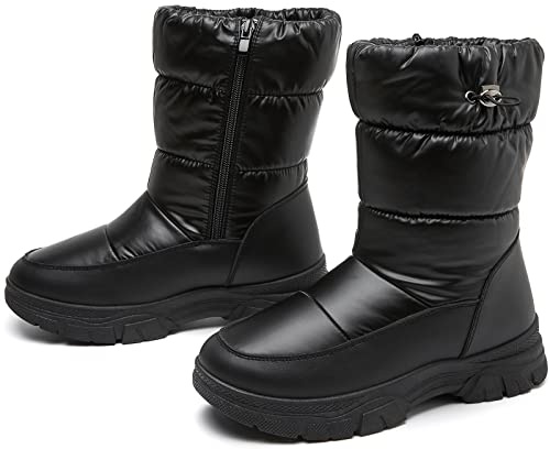 Womens Winter Boots Snow Boots For Women Black Mid Calf Platform Boots Warm Fur Fashion Slip On Boots(Black,US11)