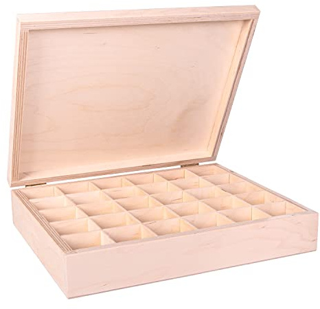 DECOCRAFT Multi Compartment Wooden Storage Box with Lid and 30 Individual Sections for Small Keepsakes, Essential Oils, DIY Jewellery, Knick-Knacks, and Arts and Crafts, Natural Wood