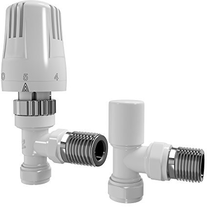 iBathUK Eco Thermostatic Radiator Valve (TRV) and Lockshield Valve,Solid Brass,Angled Round Radiator Valve Pair, Central Heating, Tower Rail Valve- All White